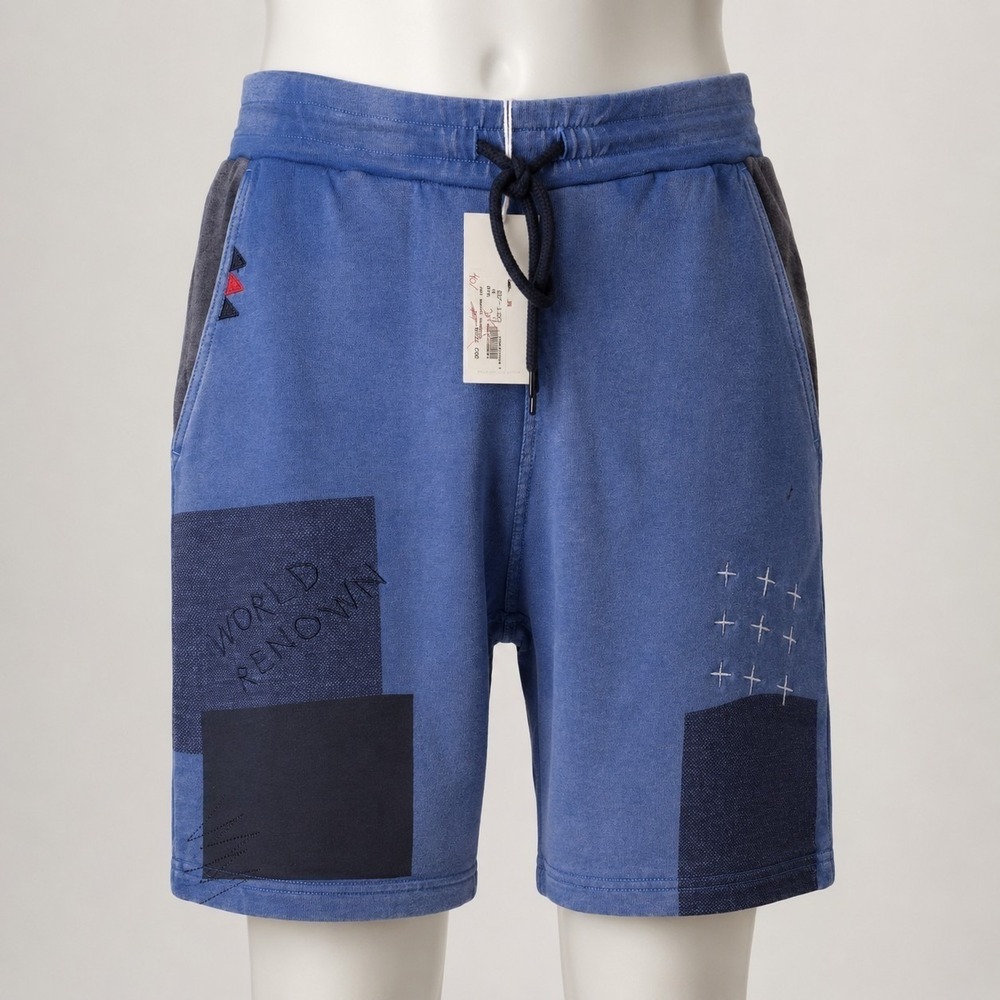 Staple Pigeon World Renown Shorts Mens Medium NWT Blue Patchwork Sweat Shorts